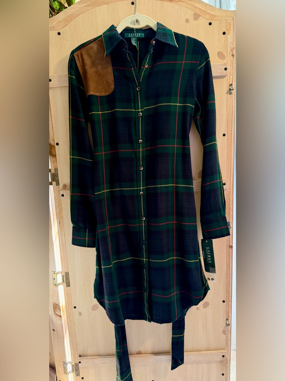 NWT Ralph Lauren Green Plaid Button-Front Shirt Dress with Brown Suede Patch